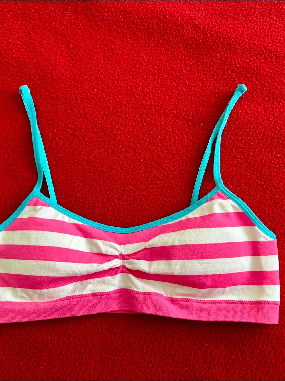Fruit of the Loom Pink and White Striped Swim Top with Teal Trim